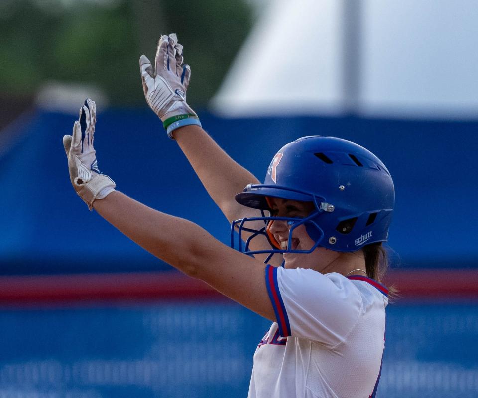 Roncalli Royals Emma Fegan (19) celebrates after getting on base during the IHSAA class 4A regional championship on Tuesday, May 30, 2023, at Roncalli High School in Indianapolis.