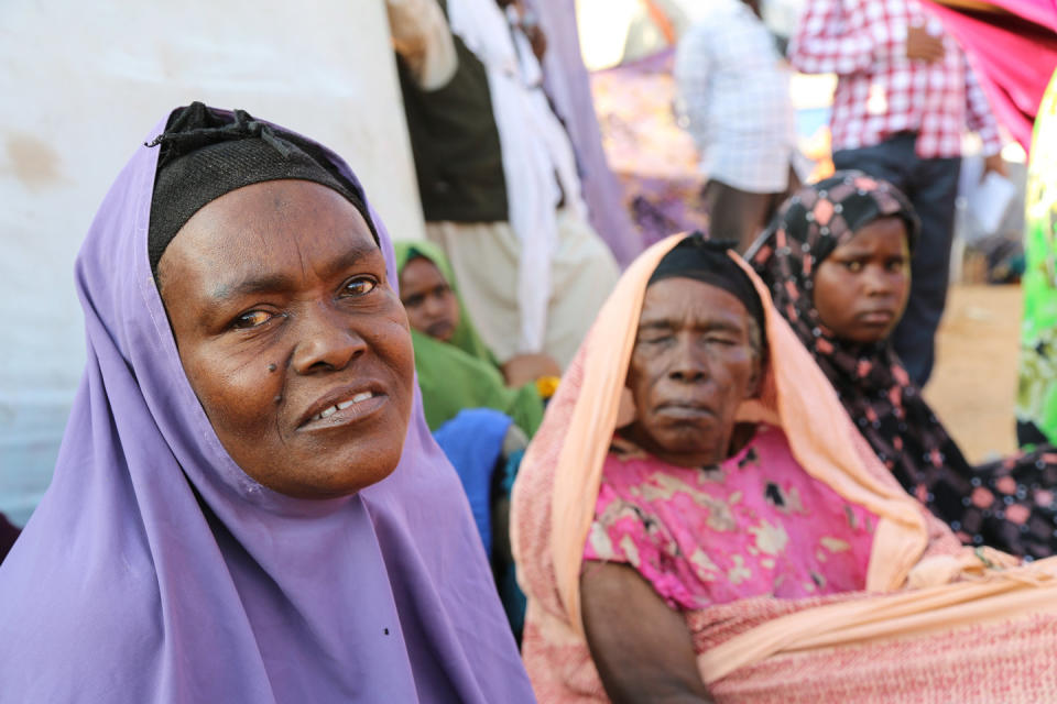 Halimo Daoud (left): "We have undergone three successive droughts. We lost everything from livestock to our stored crops. Therefore, famine has affected us. We walked days to reach Baidoa to survive and then we finally arrived here."