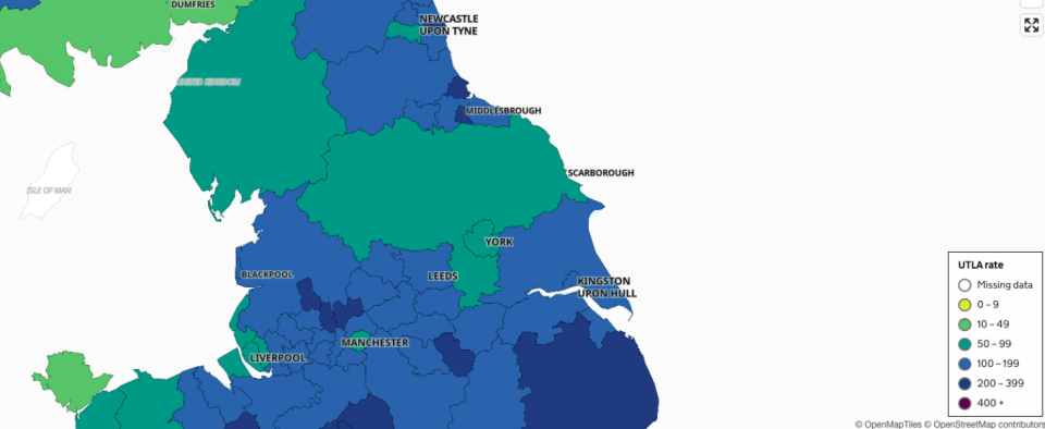 Upper Tier Local Authority rates across the north of England. (Open Street Map)