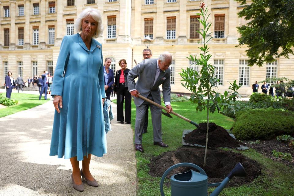 Both royals were seen giggling as they planted a tree in the City Hall garden (Hannah McKay/PA)