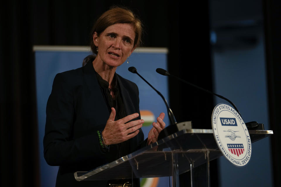 United States Agency for International Development (USAID) Administrator Samantha Power delivers a speech at Indian Institute of Technology, in New Delhi, India, Wednesday, July 27, 2022. (AP Photo/Altaf Qadri)