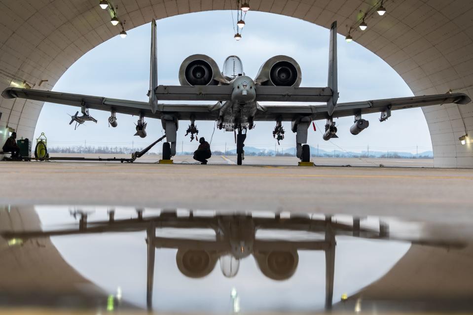 A U.S. Air Force A-10C Thunderbolt II from the 25th Fighter Squadron receives a hot-pit refuel at Osan Air Base, South Korea, Feb. 9, 2023.