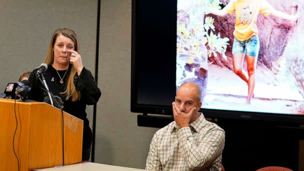 PHOTO: Gabby Petito's mother Nichole Schmidt, speaks during a news conference as her husband Jim Schmidt looks on, Nov. 3, 2022, in Salt Lake City. (Rick Bowmer/AP)