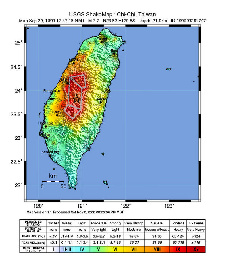 921地震台灣各地震度分級。USGS