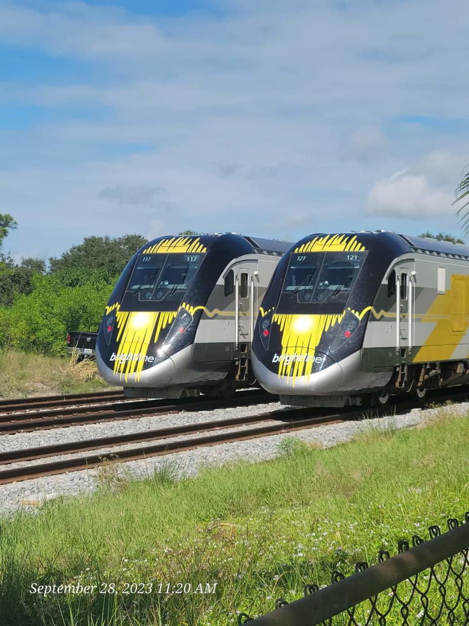 Twin Brightline trains in the 4400 block of South Indian River Drive in St. Lucie County Sept. 28, 2023. The trains came through over two hours after the St. Lucie County Sheriff's Office said a northbound Brightline train fatally struck a person trespassing on the tracks just north of Midway Road. Brightline started its high-speed service from West Palm Beach to Orlando six days ago.