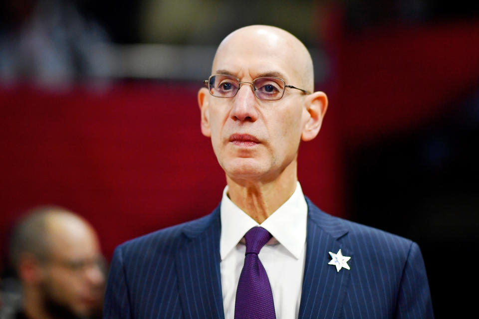 Feb 14, 2020; Chicago, Illinois, USA; NBA Commissioner Adam Silver looks on during the NBA All Star-Celebrity Game at Wintrust Arena. Mandatory Credit: Quinn Harris-USA TODAY Sports