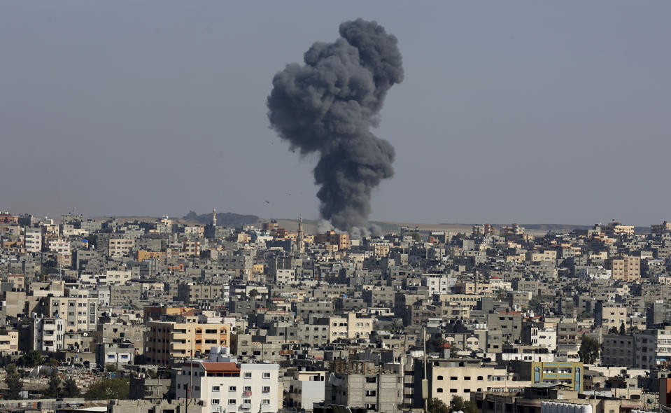 Smoke rises after an Israeli airstrike in Gaza City, the Gaza Strip, Wednesday, May 12, 2021. (AP Photo/Adel Hana)