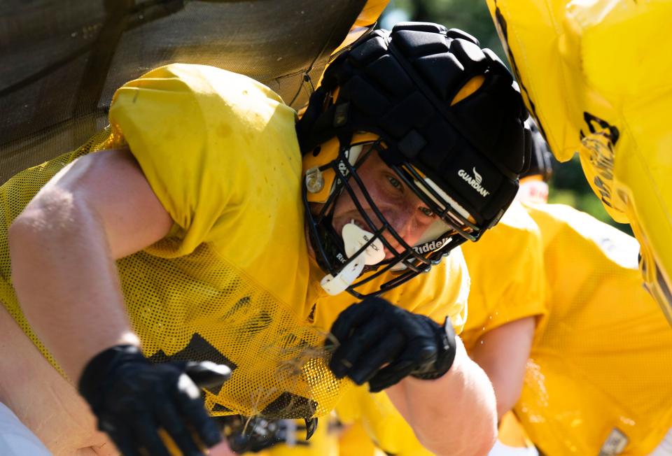 Central Bucks West lineman Hayden Mulligan goes through a summer drill.