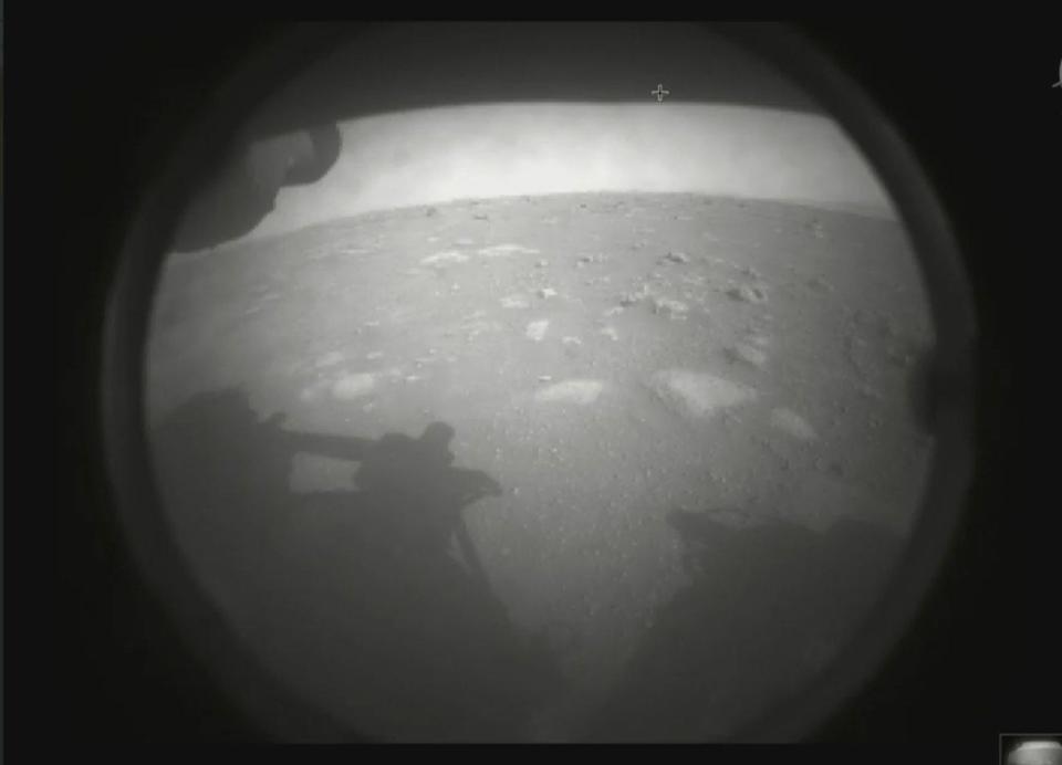 The first image captured by NASA's Perseverance rover of the surface of Mars after its successful landing on Thursday, Feb. 18, 2021.