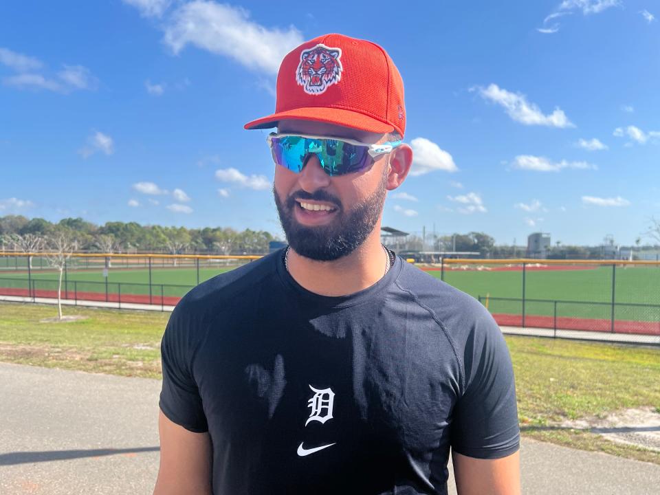 Detroit Tigers outfielder Riley Greene speaks to reporters Monday, February 12, 2024, at the spring training facility in Lakeland, Florida.