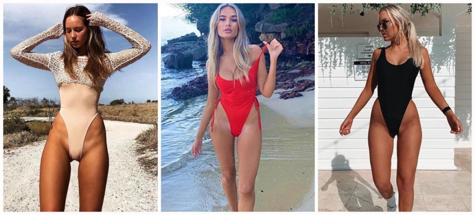 Described as 'fanny floss' these super high cut swimsuits are only for the boldest of beach-goers. Photo: Instagram/Tahlia Skaines/Indi Thew/Olivia Mathers