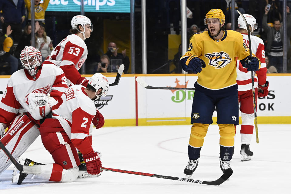 Nashville Predators center Matt Duchene (95) celebrates after scoring a goal against the Detroit Red Wings during the second period of an NHL hockey game Saturday, Jan. 22, 2022, in Nashville, Tenn. (AP Photo/Mark Zaleski)