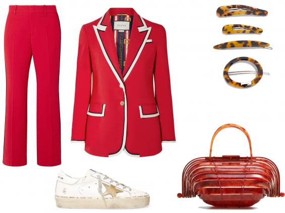 Gucci Grosgrain-trimmed Cady bootcut pants: £630; Gucci Grosgrain-trimmed Cady blazer: £1,600; Golden Goose Deluxe Brand, Hi-Star platform leather trainers: £325; Zara pack of acetate hair clips: £9.99; Mango Methacrylate bag: £79.99