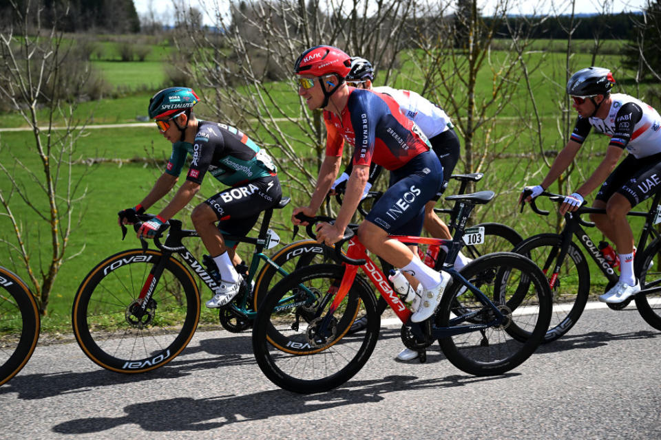 LA CHAUXDEFONDS SWITZERLAND  APRIL 27 LR Sergio Higuita of Colombia and Team BORAHansgrohe and Ethan Hayter of United Kingdom and Team INEOS Grenadiers compete during the 76th Tour De Romandie 2023 Stage 2 a 1627km stage from Morteau to La ChauxdeFonds  UCIWT  on April 27 2023 in La ChauxdeFonds Switzerland Photo by Dario BelingheriGetty Images