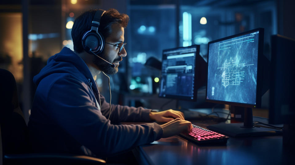 A software engineer wearing a headset, collaborating with a remote team on a project.