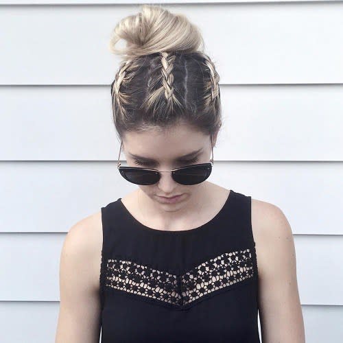 <p>Corn rows feeding into a top knot is just all kinds of cool.</p>