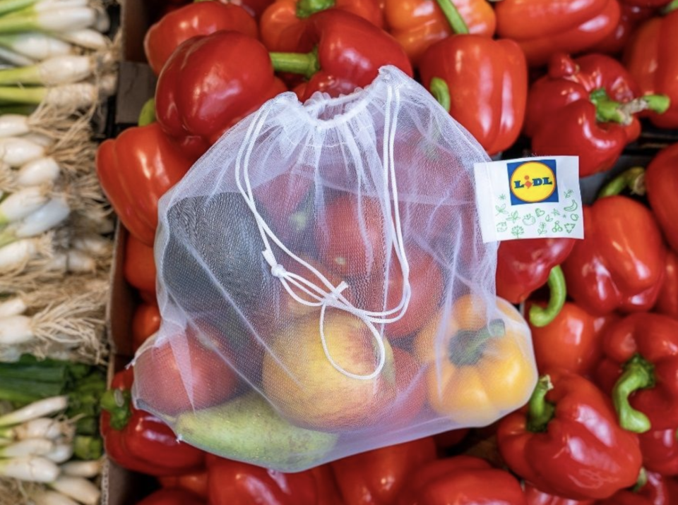 Pictured is a polyester reusable fruit and vegetable bag sold by Lidl.