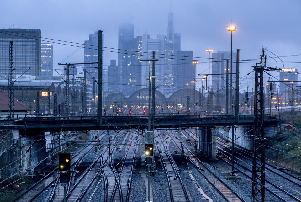 Empty rails are pictured outside the central train station in Frankfurt, Germany, Monday, March 11, 2024. German train drivers union GDL called for another strike starting early Tuesday. (AP Photo/Michael Probst)