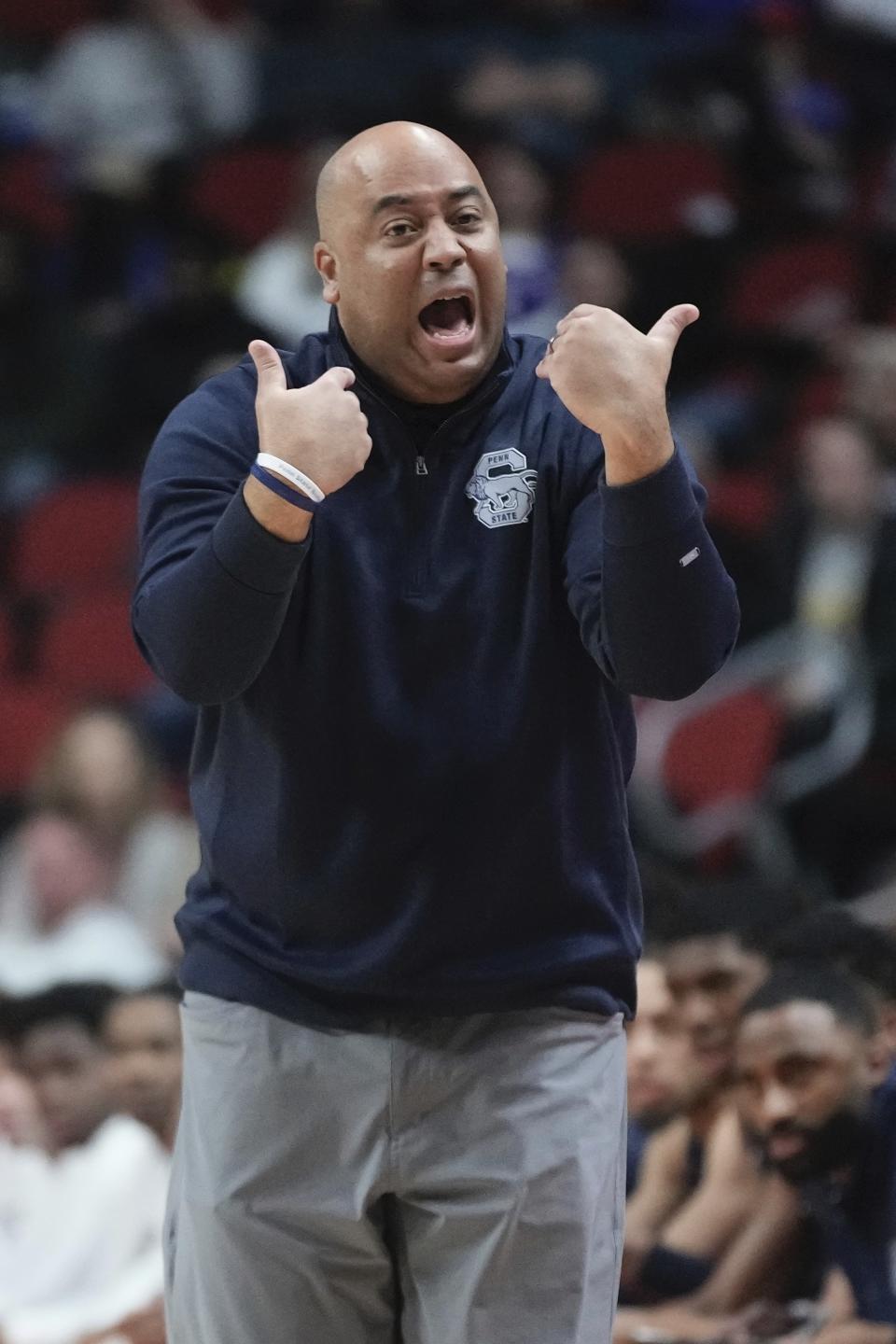 Penn State head coach Micah Shrewsberry reacts during the first half of a second-round college basketball game in the NCAA Tournament Saturday, March 18, 2023, in Des Moines, Iowa. (AP Photo/Morry Gash)