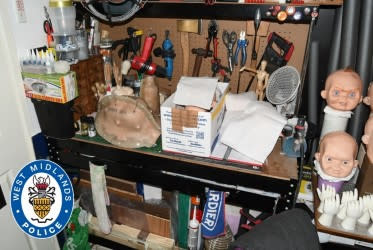 A workbench, tools and doll's heads found at the home of Nathan Maynard-Ellis in Tipton. (PA/West Midlands Police)