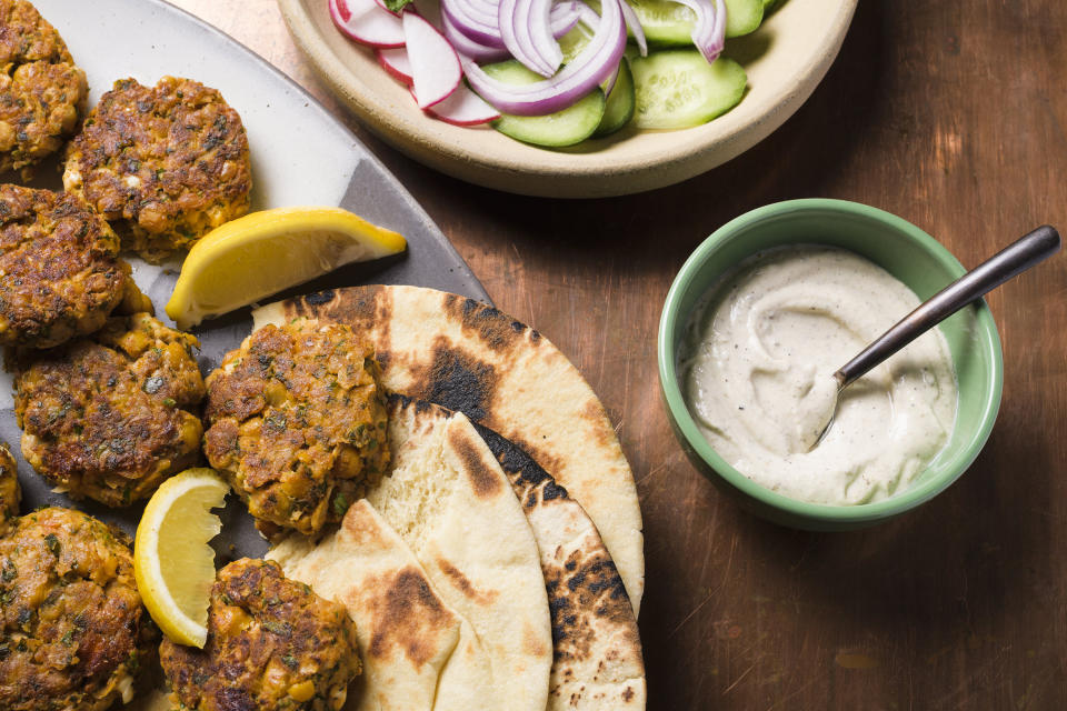 This image released by Milk Street shows a recipe for chickpea and feta meatballs. (Milk Street via AP)