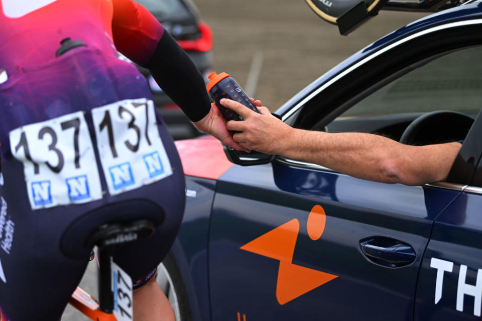 BREDENE BELGIUM  MARCH 17 Detailed view of Matthew Gibson of The United Kingdom and Team Human Powered Health in the feed zone during the 21th Bredene Koksijde Classic 2023 a 1916km one day race from Bredene to Koksijde on March 17 2023 in Koksijde Belgium Photo by Luc ClaessenGetty Images