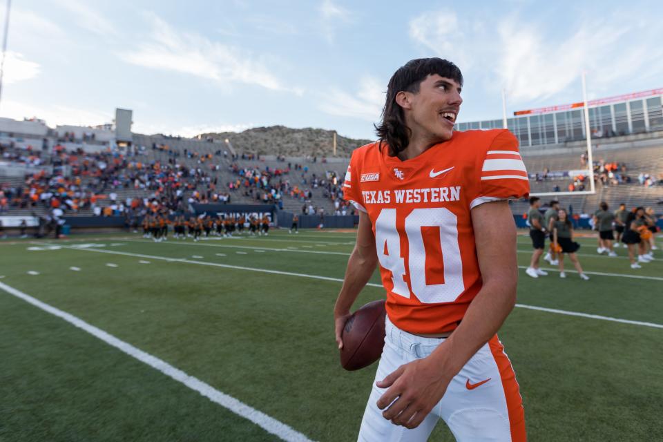 UTEP's Gavin Baechle celebrates their win in a football game against Florida Atlantic at the Sun Bowl in El Paso, Texas, on Saturday, Oct. 22, 2022.