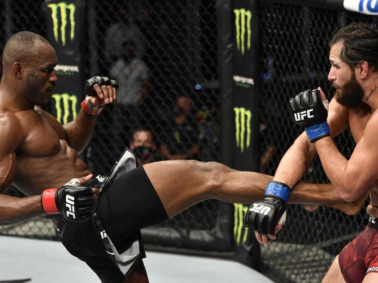 Kamaru Usman (left) retained his welterweight title against Jorge Masvidal at UFC 251: Zuffa LLC via Getty Images