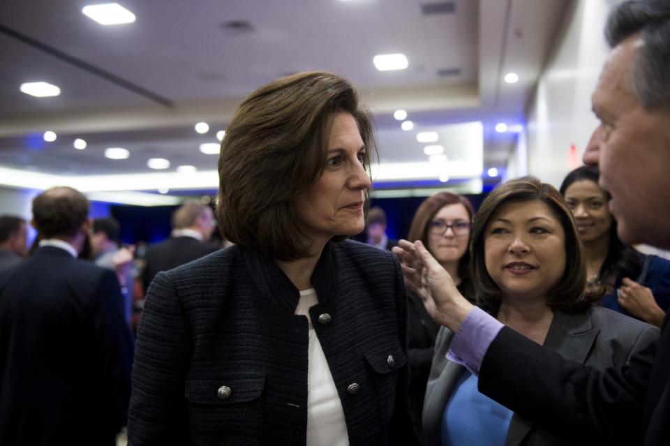 Catherine Cortez Masto, running for Minority Leader Harry Reid's Senate seat in 2016, speaks with supporters last February in Las Vegas. (Photo: Bill Clark/CQ Roll Call/Getty Images)