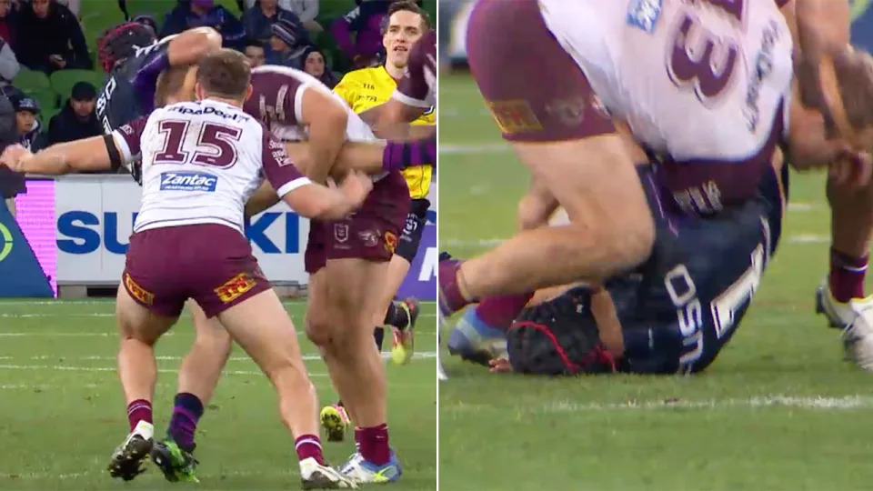 Jake Trbojevic was placed on report for a lifting tackle against the Storm.
