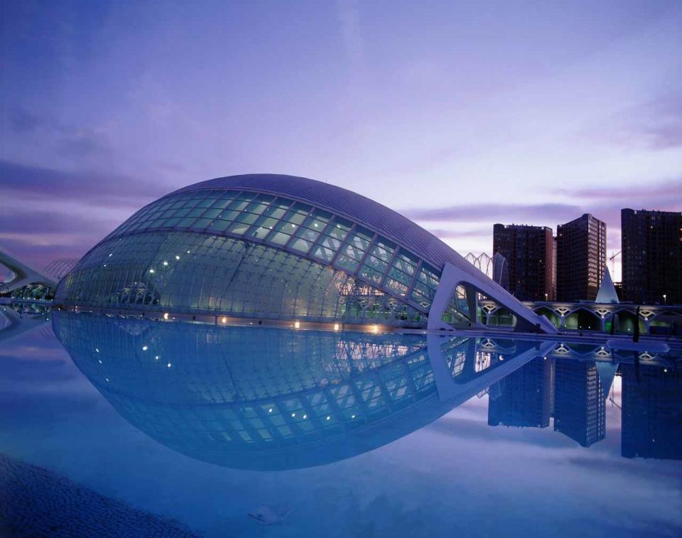 The Arts and Science City in Valencia was designed by Santiago Calatrava and Felix Candela and is a cultural complex housing various buildings. It contains an auditorium, aquarium and evan an Imax cinema. In 2005 construction was finally completed after nine years building the different sections. The complex now receives more than four million visitors per year, most of whom visit the impressive aquarium, which is the largest in Europe Picture: Corbis