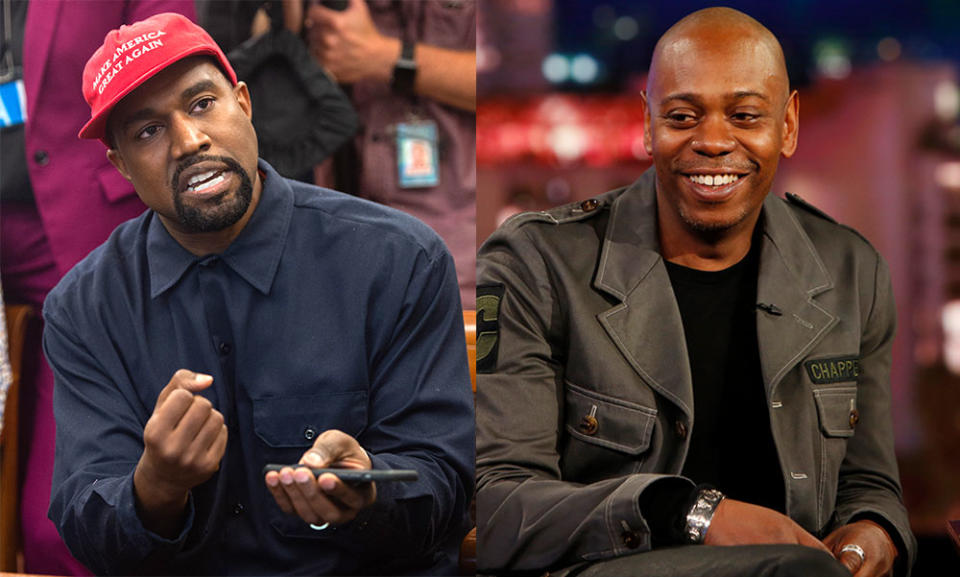 Kanye West, sporting his MAGA hat, and Dave Chapelle. (Photos: Getty Images)