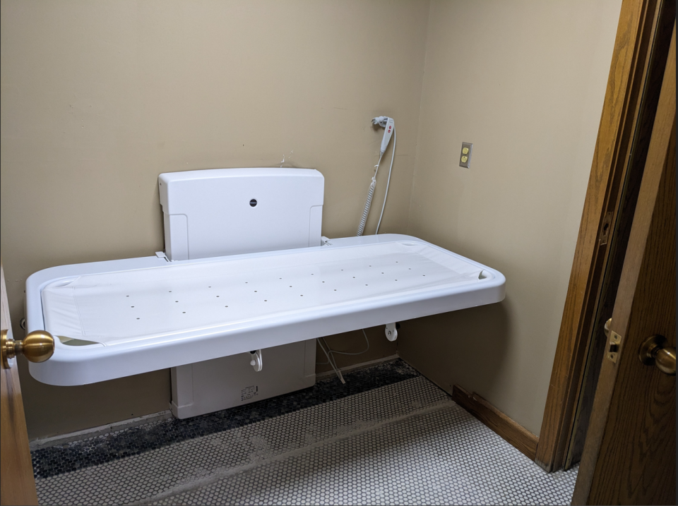 An adjustable universal changing station is now available in a private room in the Brookfield Public Library.