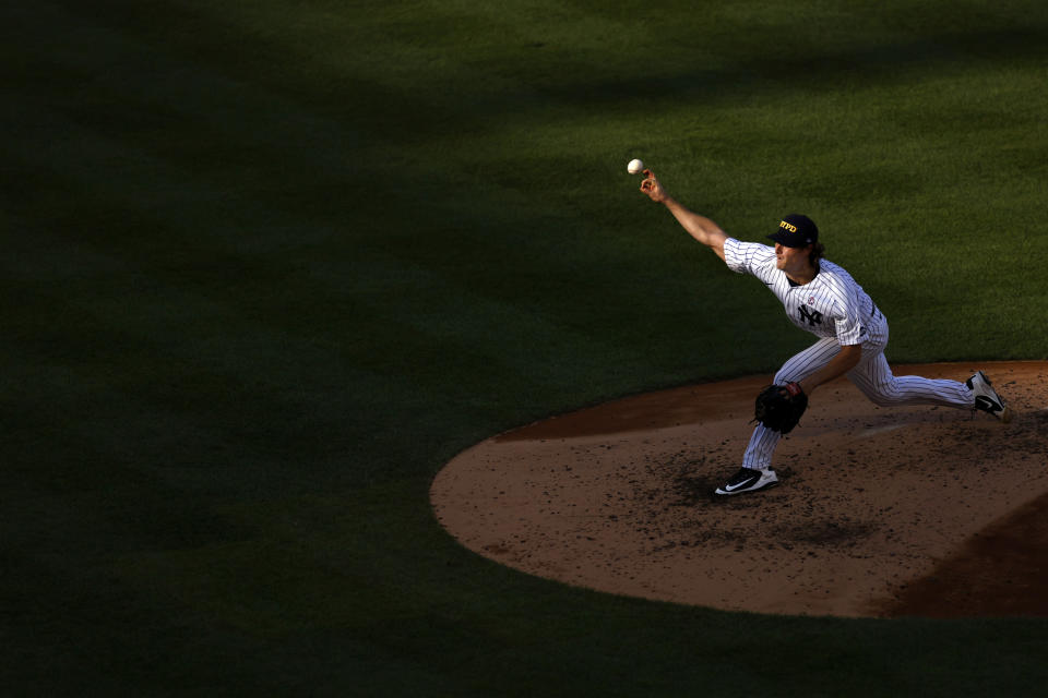 New York Yankees pitcher Gerrit Cole delivers a pitch during the fourth inning of the first baseball game of a doubleheader against the Baltimore Orioles, Friday, Sept. 11, 2020, in New York. (AP Photo/Adam Hunger)