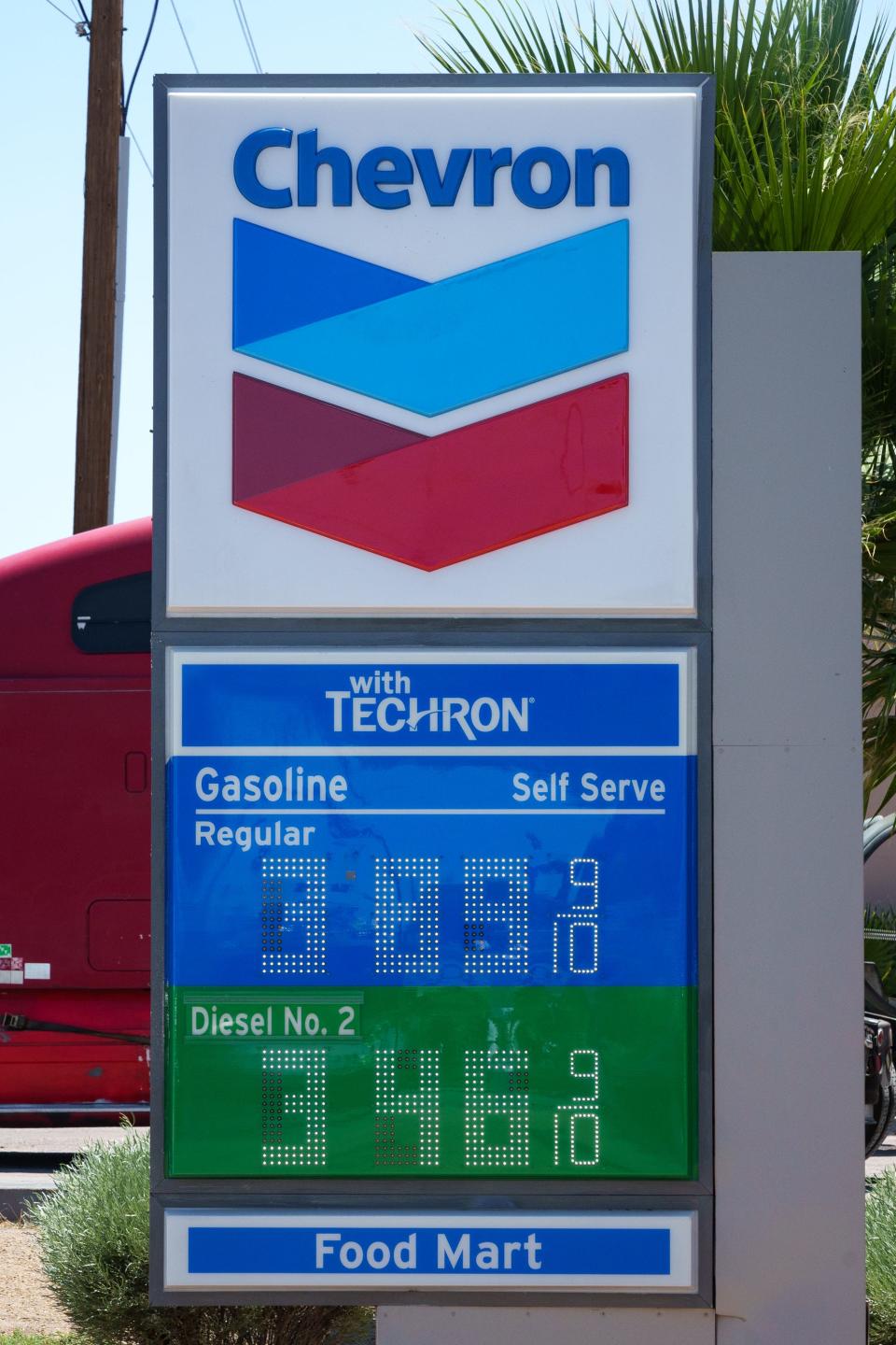 A Chevron sign advertises regular gasoline for $3.89 per gallon and diesel for $3.46 per gallon near 51st Avenue and Interstate 10 in Phoenix on June 16, 2023.