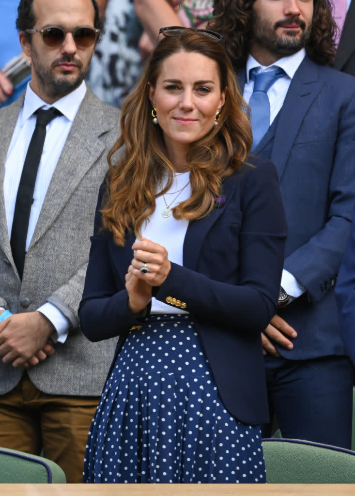 The Duchess of Cambridge sat in the Royal Box at Centre Court at Wimbledon. (Photo by Karwai Tang/WireImage)