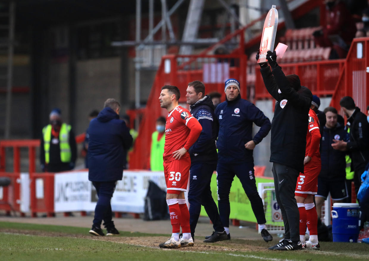 Crawley Town substitute Mark Wright waits to come on during the Emirates FA Cup third round match at the People's Pension Stadium, Crawley.