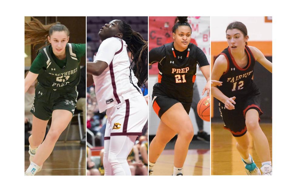 Four members of the 24-player Erie Times-News District 10 Girls Basketball All-Star Team include, from left, Mercyhurst Prep's Olivia Kulyk, Kennedy Catholic's Layke Fields, Cathedral Prep's Jayden McBride and Fairview's Paige Garrity.