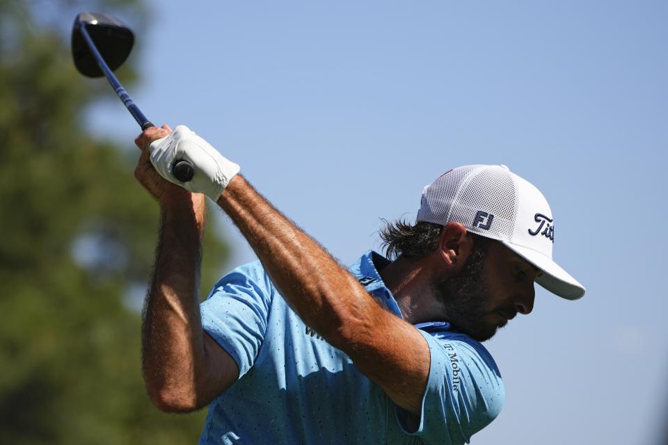 Max Homa hits his tee shot on the ninth hole during final round at the Masters golf tournament at Augusta National Golf Club Sunday, April 14, 2024, in Augusta, Ga. (AP Photo/Matt Slocum)