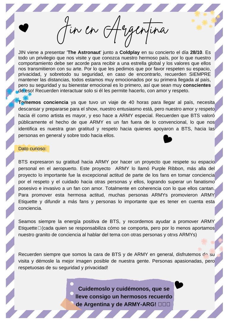 El comunicado que circuló entre las cuentas de fans de BTS