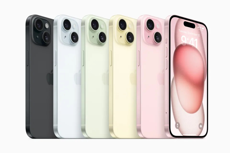 iPhone 15和iPhone 15 Plus將提供黑色、藍色、綠色、黃色、粉紅色。（圖／取材自蘋果）