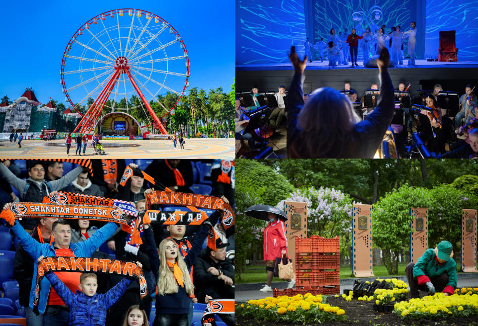 Scenes of daily life in Kharkiv, Ukraine, before Russia's invasion, clockwise: A Ferris wheel at Maxim Gorky Central Park; Kharkov National Academic Opera and Ballet Theater; a Champions League football at Metalist Stadium; and Shevchenko City Garden. 