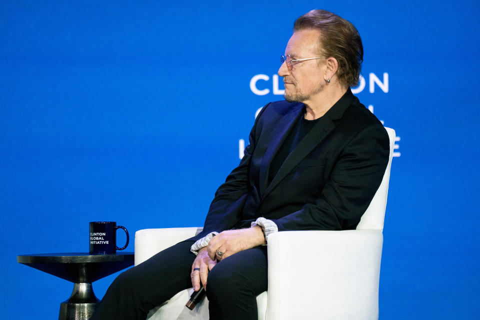 Bono listens while participating in the Clinton Global Initiative, Tuesday, Sept. 20, 2022, in New York. (AP Photo/Julia Nikhinson)