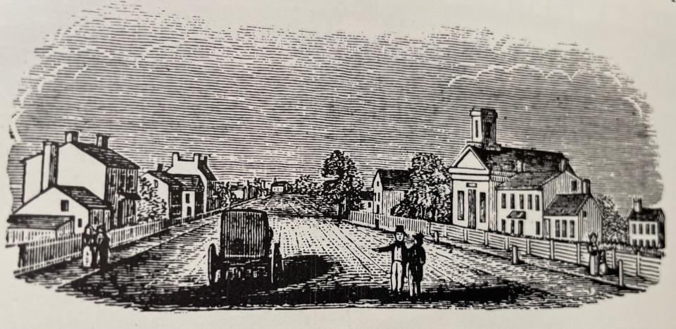 Sketch of Matawan's Main Street in 1840 shows the First Presbyterian Church on the right.