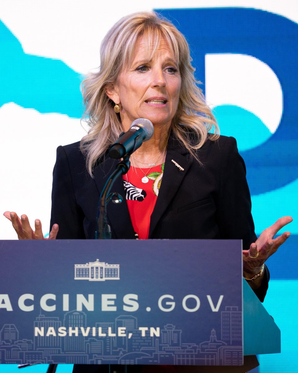 First lady Jill Biden speaks after touring a pop-up vaccine clinic at Ole Smoky Distillery in Nashville, Tenn., Tuesday, June 22, 2021. Biden visited the clinic as part of the #WeCanDoThis bus tour.
