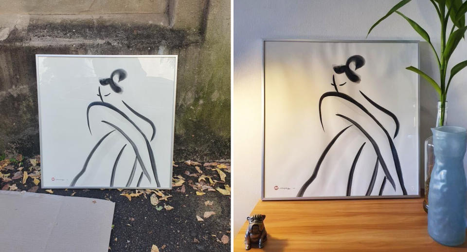 The Dapeng Liu artwork in the street (left), and now sitting proudly in his home. Source: Supplied