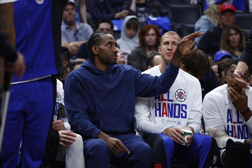 LOS ANGELES, CALIFORNIA - APRIL 21: Kawhi Leonard #2 of the LA Clippers on the bench.