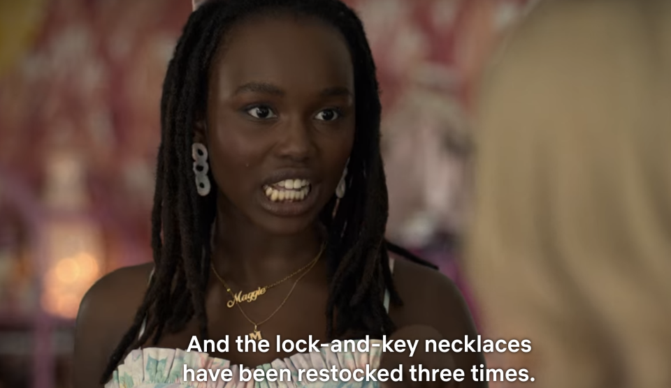 a character saying "and the lock and key necklaces have been restocked three times"