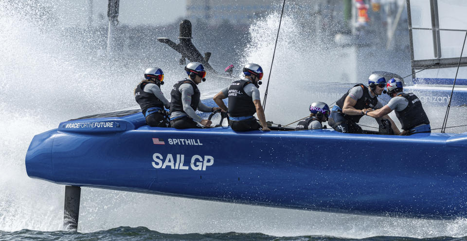 In this photo provided by Sail GP, Team USA SailGP, helmed by Jimmy Spithill, races on day one of the Los Angeles Sail Grand Prix at the Port of Los Angeles, Saturday, July 22, 2023. (Simon Bruty/SailGP via AP)
