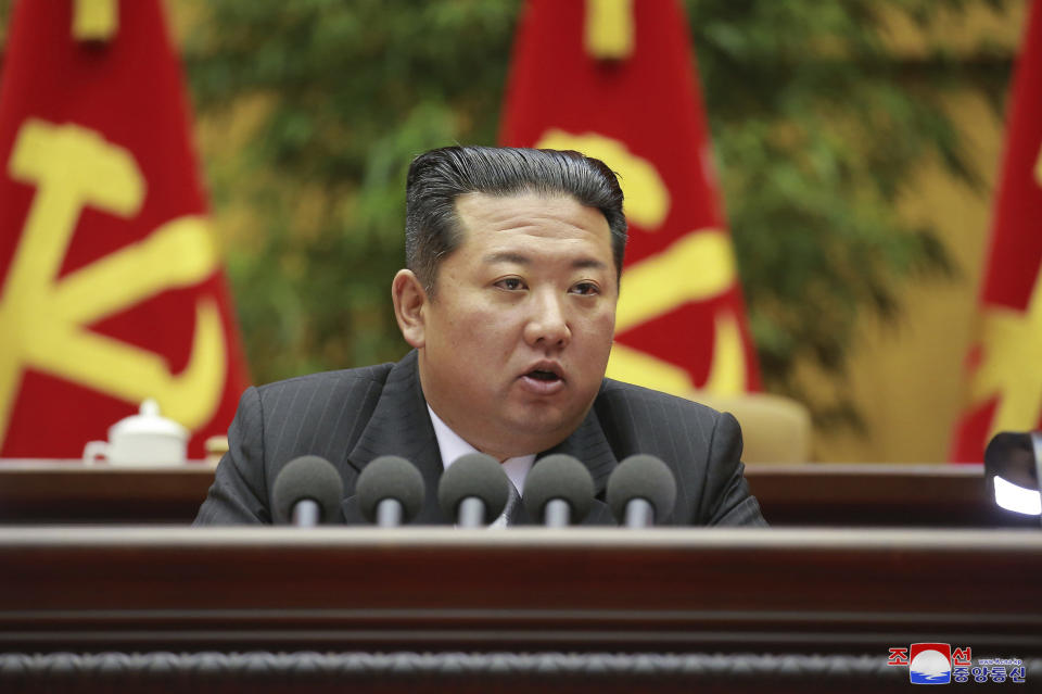 This photo provided by the North Korean government shows North Korean leader Kim Jong Un speaks in a ruling party meeting in Pyongyang, North Korea on Feb. 26, 2022. South Korea’s military said Sunday, Feb. 27, North Korea has fired a suspected missile into the sea off of its eastern coast. Independent journalists were not given access to cover the event depicted in this image distributed by the North Korean government. The content of this image is as provided and cannot be independently verified. Korean language watermark on image as provided by source reads: "KCNA" which is the abbreviation for Korean Central News Agency. (Korean Central News Agency/Korea News Service via AP)